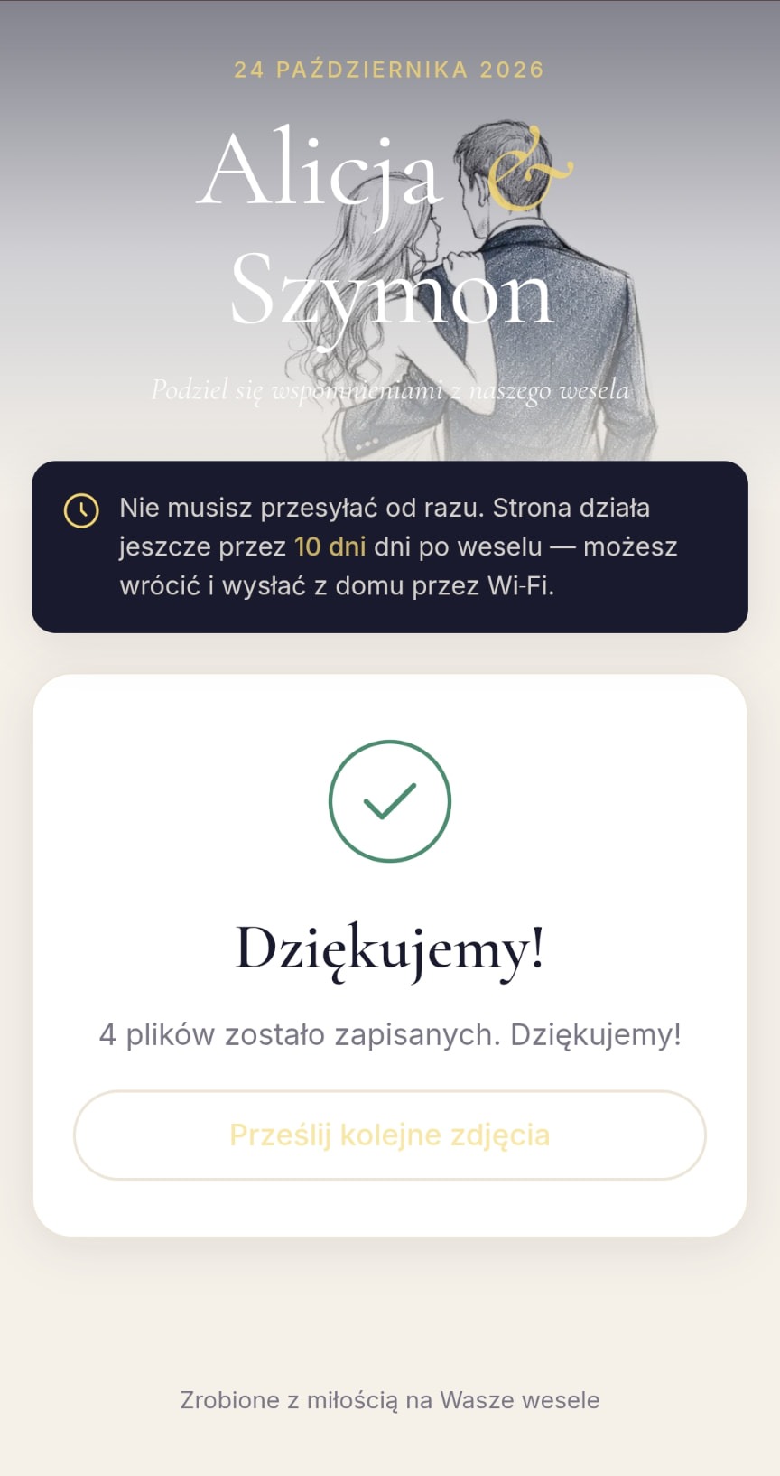 Potwierdzenie zakończonego wysyłania zdjęć w aplikacji OneSnap