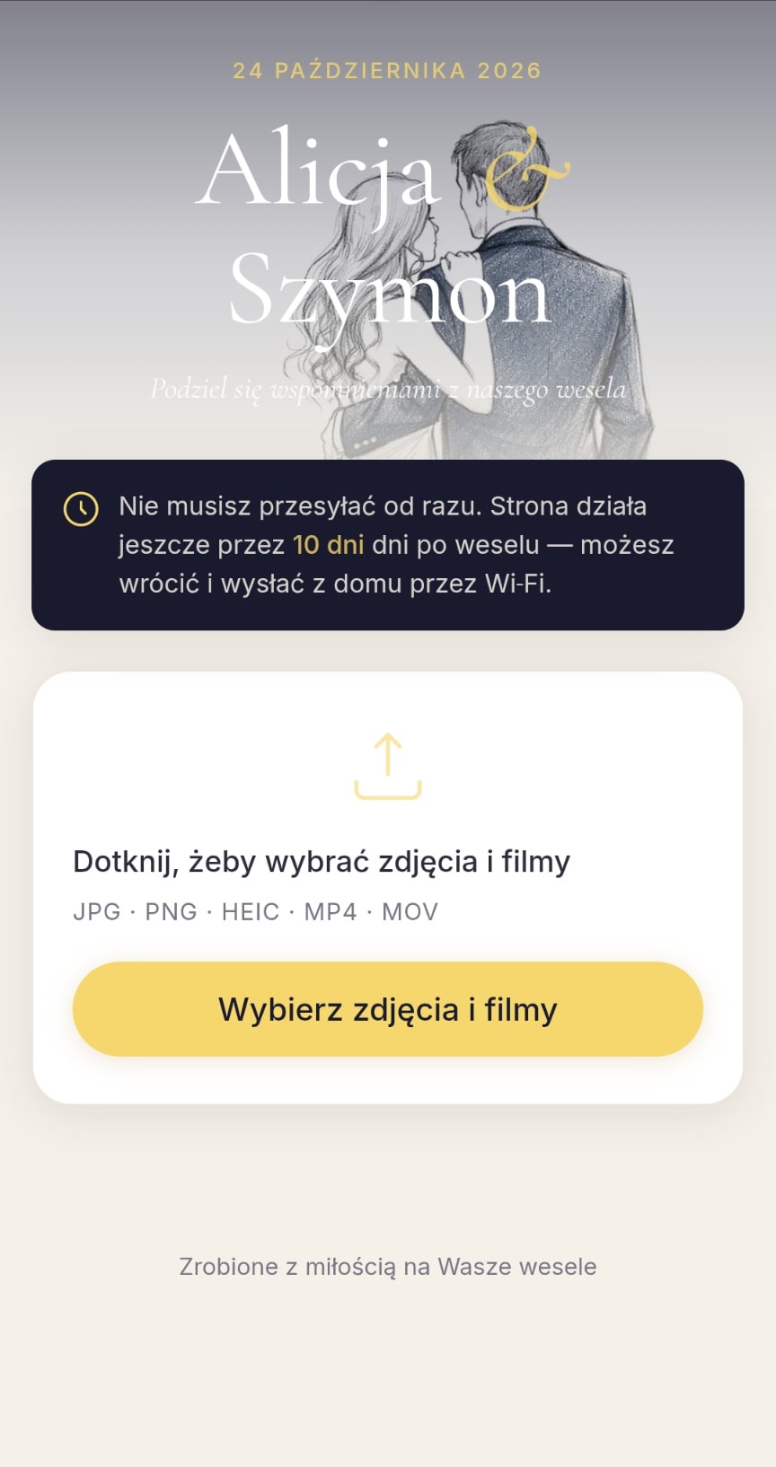 Ekran wysyłania zdjęć na stronie wydarzenia OneSnap